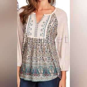 Boho Embroidered V-Neck Long Sleeve Top - Cream Multicolor